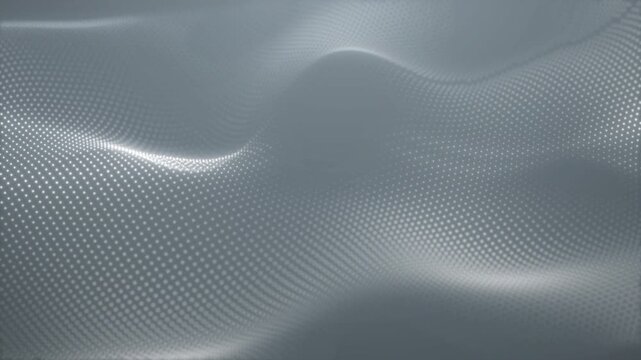 Clean white particle wave flowing across a soft gray background, useful for corporate visuals, technology presentations, science concepts and minimal abstract design.