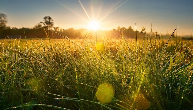 Sunlight Shining Through Grass In A Field At Sunrise With Lens Flare And Bokeh Effects