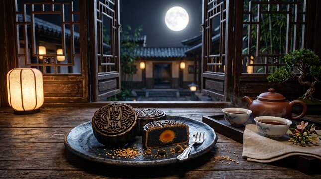 Black sesame mooncakes with salted egg yolk on a ceramic plate with a teapot and tea cups in a traditional Chinese courtyard at night