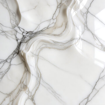 Luxurious glossy white marble texture background with fluid wavy 3D relief and grey veins. Elegant polished stone surface