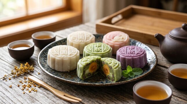 An assortment of colorful snow skin mooncakes with egg yolk filling served on a rustic table with a Chinese teapot and tea cups