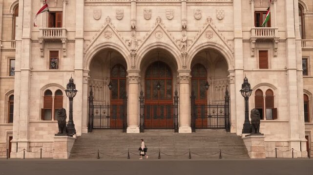 Parliament main entrance Budapest Hungary sunny summer day