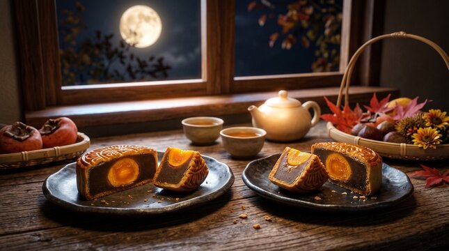Sliced salted egg yolk mooncakes served on ceramic plates with tea under a full moon window view