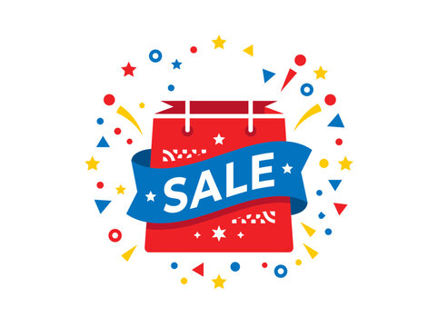 A dynamic flat vector icon of a red shopping bag with "SALE" text, confetti, and stars, designed for retail promotions during the Labor Day holiday weekend.