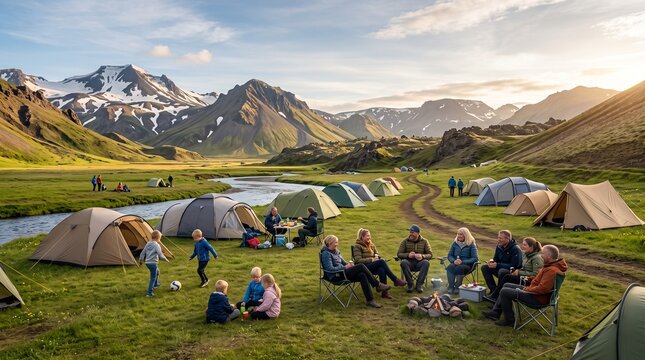 Families and campers relaxing around a bonfire at a green valley campsite surrounded by snowy mountains