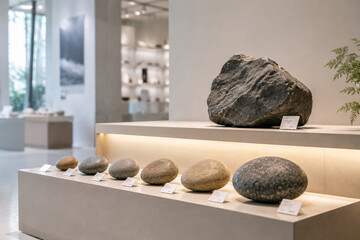 Smooth cobblestones and rough boulder on tiered shelf. © Boxiang