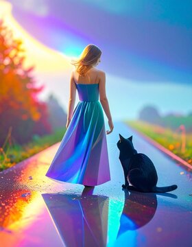 Woman walks along a colorful road with a cat beside her during sunrise or sunset