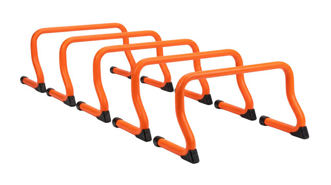 Orange speed hurdles for athletic training, set of five agility hurdles on white background, portable fitness equipment for plyometric drills