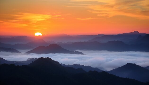 A Breathtaking Panorama Of Mountains At Sunrise With A Vibrant Sky And Layers Of Mist