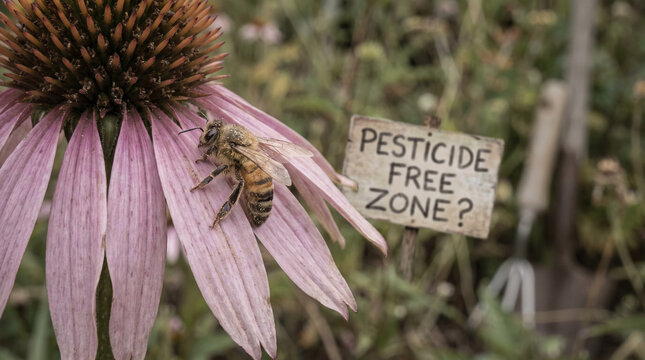 Bee sitting on pink flower near pesticide free zone sign  