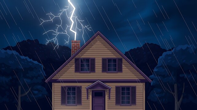 Pixel art house with lightning strike at night