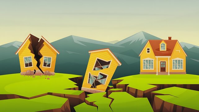 Damaged houses on cracked land after a strong earthquake