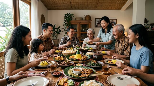 Happy indonesian family sharing a traditional dinner at home