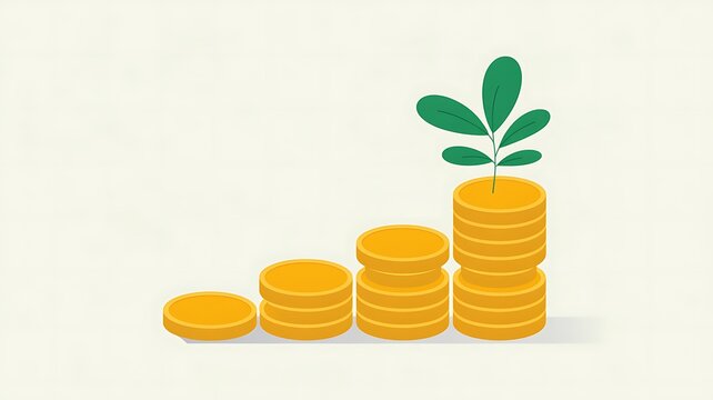 Growing stacks of gold coins with a small green plant
