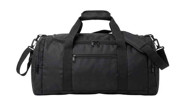 Black canvas duffel bag with shoulder strap, professional sports gym bag for fitness, durable nylon travel luggage isolated on white background
