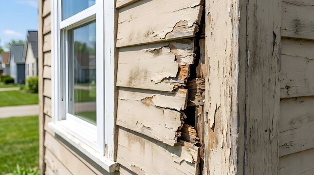 Close up of severely damaged wood siding on a house exterior with rot and peeling paint near window