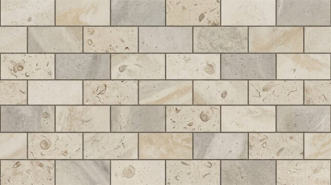 Limestone fossil stone brick wall texture background with ammonites