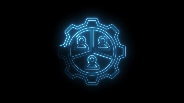 Neon blue glowing gear with three person icons inside representing teamwork collaboration and