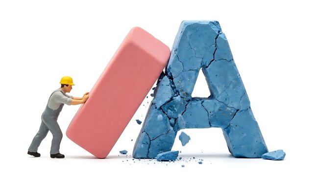 Miniature worker erasing a blue stone letter A with eraser