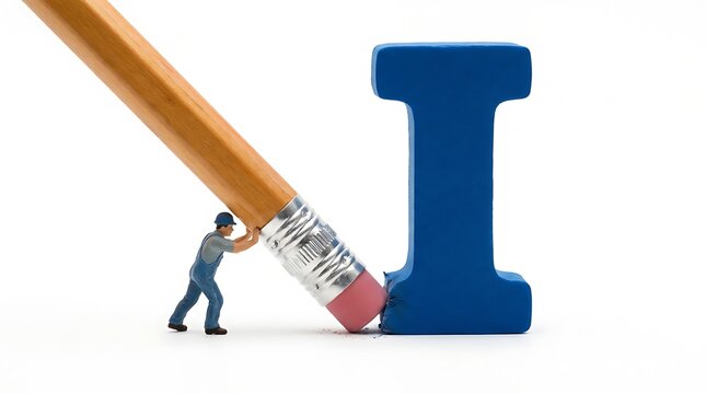 Miniature worker erasing a blue letter I with a pencil