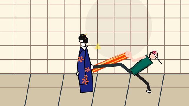 2D animation of a male dresser tightly tying the obi sash of a traditional Japanese geisha in a kimono