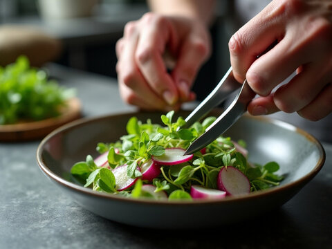 Chef emplatando una ensalada gourmet de r&aacute;bano y microbrotes usando pinzas de cocina
