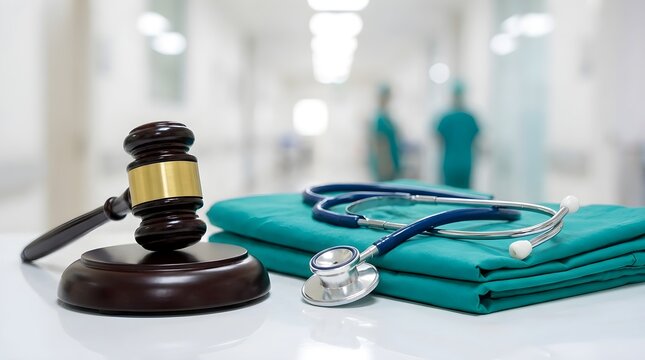 Judge Gavel and Stethoscope with Medical Scrub on Blurred Hospital Background for Malpractice Law