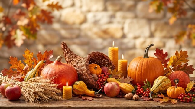 decorated altar for autumn equinox, Autumn harvest display with pumpkins, candles, and leaves on table  