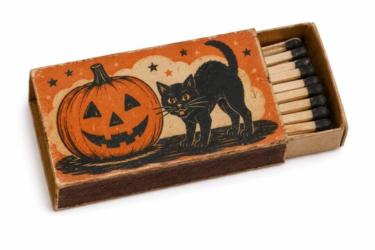 Halloween matchbox with black cat and jack-o-lantern. Spooky festive collectible packaging for seasonal retail display.
