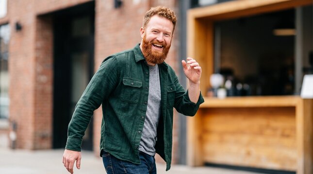 man with a red beard, Smiling man walking casually outside a coffee shop with wood decor  
