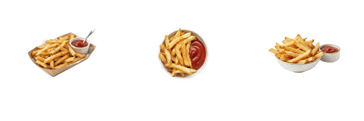 Set of three portions of crispy golden French fries served with small bowls of red ketchup dip in paper and ceramic containers isolated on a clean white background, perfect for fast food and snack gra © Ibrar