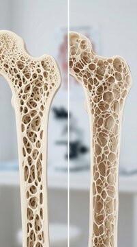 Human femur condition: normal anatomy, fragile bone, osteoporosis impact, density loss, medical, health concern, skeletal disorder, diagnose disease.