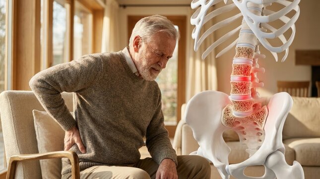 Human fragility symptom: spine osteoporosis, older person, back discomfort, bone decay, senior suffer, skeletal problem, vertebra deterioration, health concern.