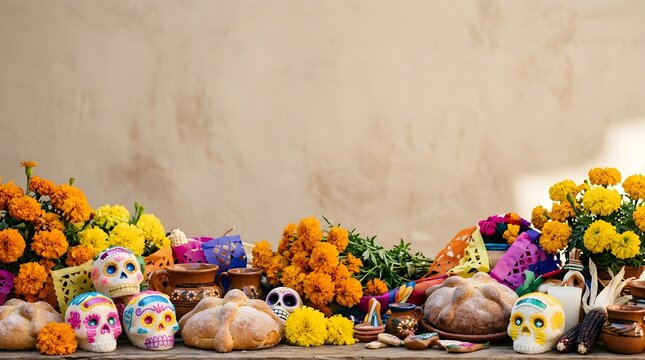 Traditional Day of the Dead Ofrenda Tabletop Decor Featuring Sugar Skulls and Bright Marigold Flowers for Mexican Holiday Celebration