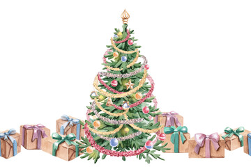 A seamless watercolor illustration featuring a decorated Christmas tree and wrapped gifts. Perfect for cards, holiday invitations, New Year's banners, store decor, and board games.