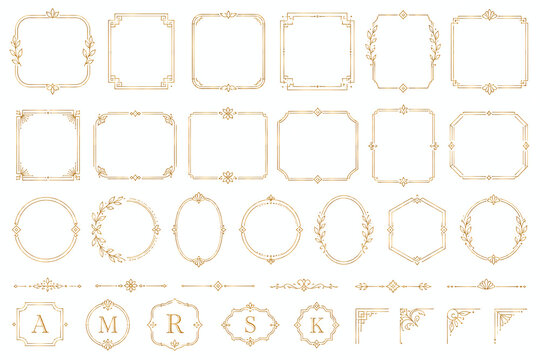 Luxury Minimal Gold Botanical Frame Collection Vector Set with Elegant Decorative Borders, Monogram Initials, Vintage Corner Flourishes and Ornamental Elements