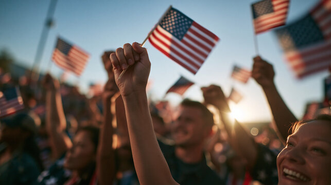 Crowd Waving American Flags at Sunset Celebration