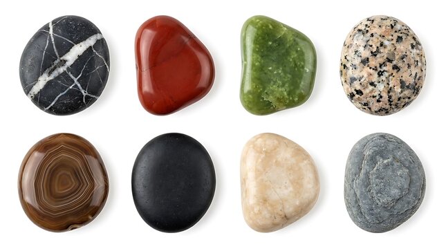 Collection of Various Polished Natural Stones on White Background