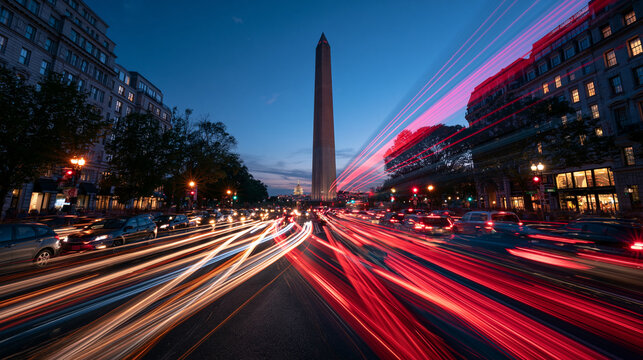 City Traffic Light Trails at Night with Obelisk Monument