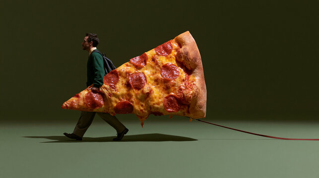 Man Walking Giant Slice of Pepperoni Pizza on Leash