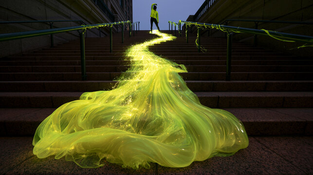 Glowing Yellow Energy Stream Flowing Down Urban Stairs