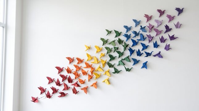 Rainbow Origami Cranes Flying in Flock on White Wall