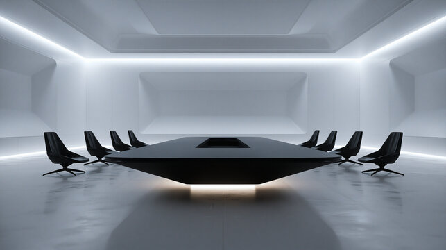 Futuristic Boardroom with Sleek Black Table and Chairs