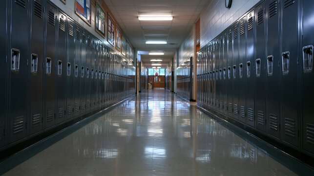 Empty High School Hallway Lined with Metal Lockers
