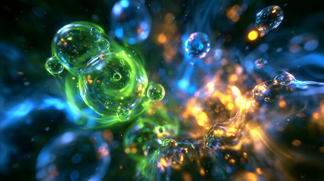 Abstract Glowing Liquid Bubbles with Dynamic Science Background