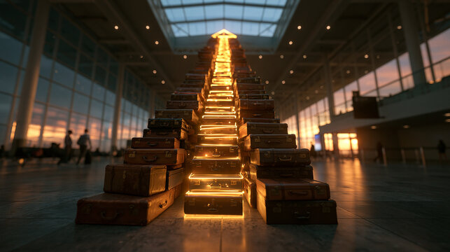 Staircase of Suitcases with Glowing Steps in Airport Terminal