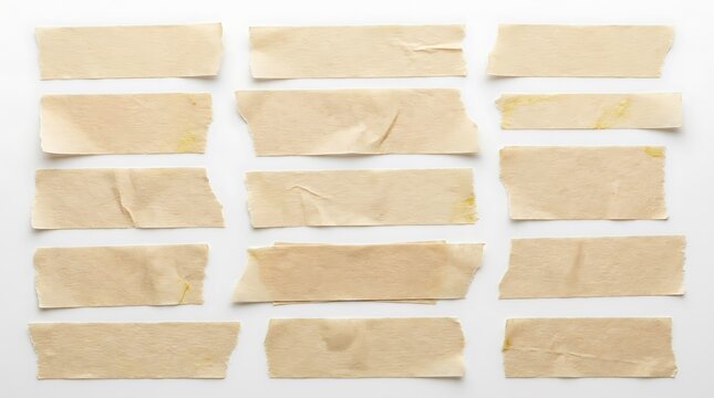 Collection of Torn Beige Masking Tape Strips on White Background