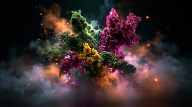 Colorful Powder and Floral Explosion Against Dark Background