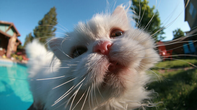 Curious White Cat Sniffing Camera Lens Outdoors