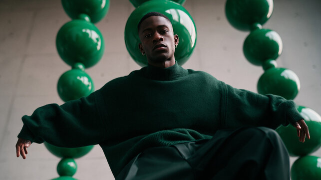 Stylish Black Man in Green Sweater Low Angle Fashion Portrait
